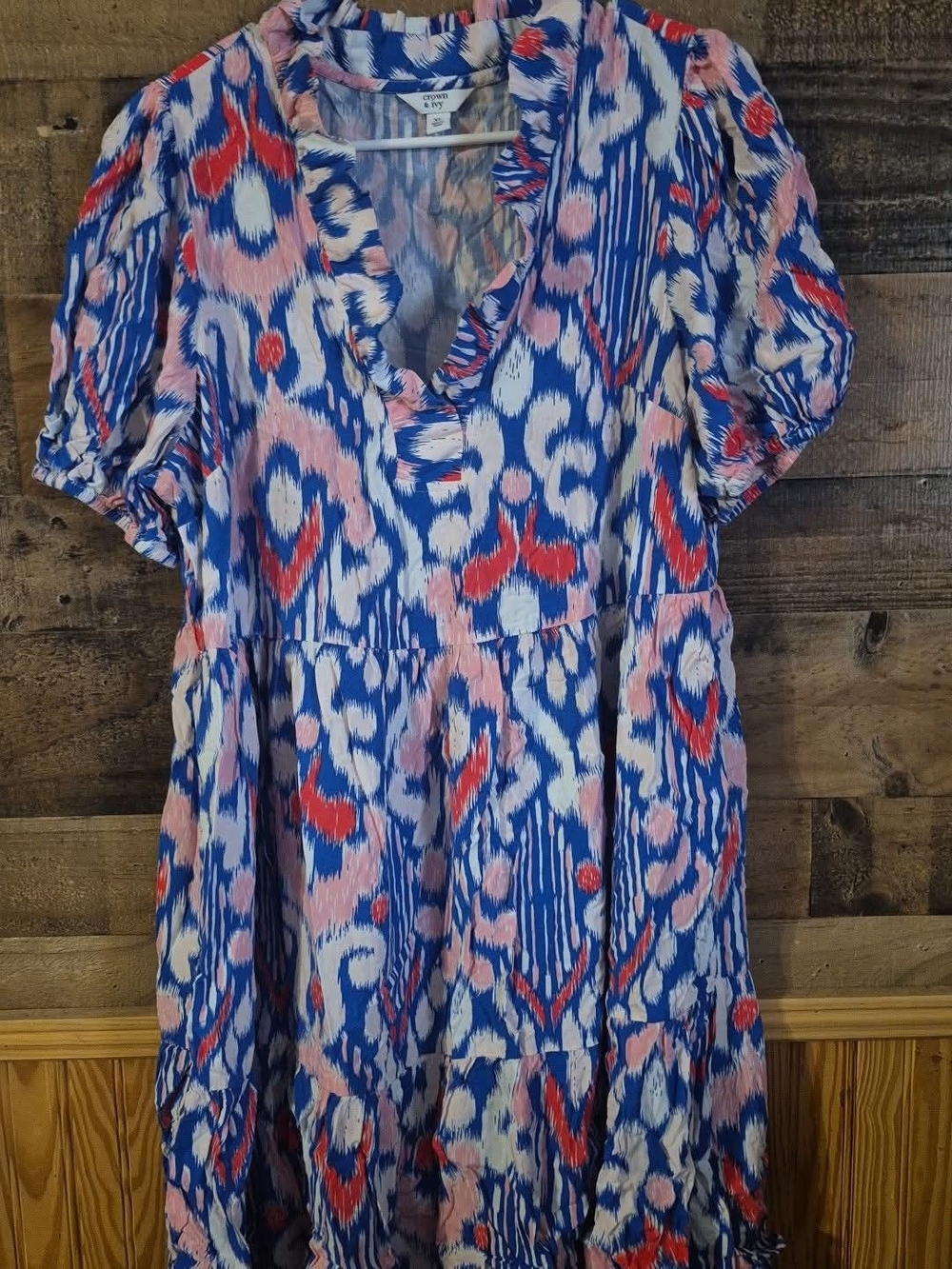Blue & Pink Abstract Print Tiered Dress